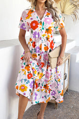Bohemian Resort Style Print Casual Short Sleeve Button Midi Dress