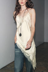 Satin Lace Trim V-neck Asymmetrical Hem Slip Mini Dress