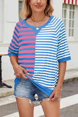 Striped Color Block Print Crew Neck Short Sleeve Loose Top