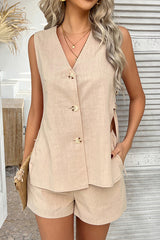 Solid Color Holiday Style V-neck Button Vest and Elastic Waist Casual Pocket Shorts Set