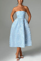 Jacquard Fabric Strapless Open Back Elegant Slim Midi Dress