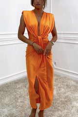 Classic and Se Dates V-neck Ruched Drape Slit Midi Dress