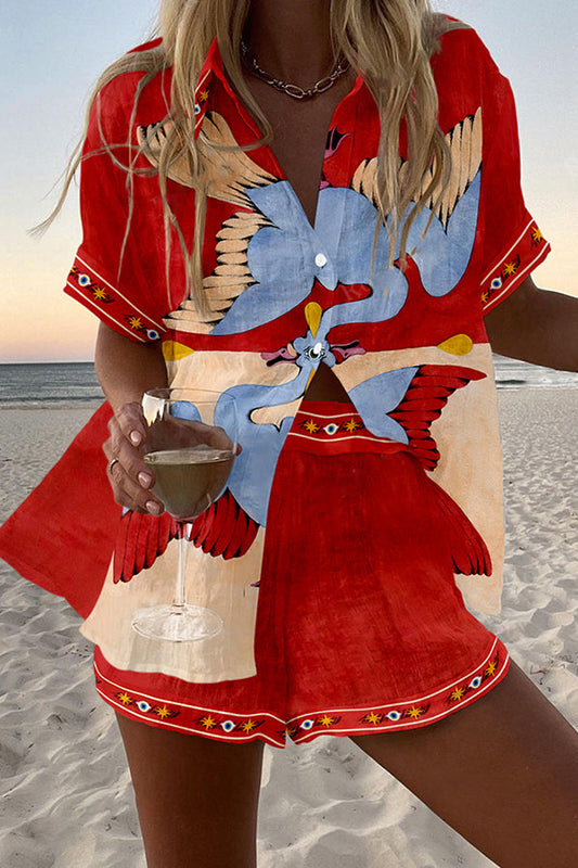 Blue Bird Print Loose Button Elastic Waist Shorts Set