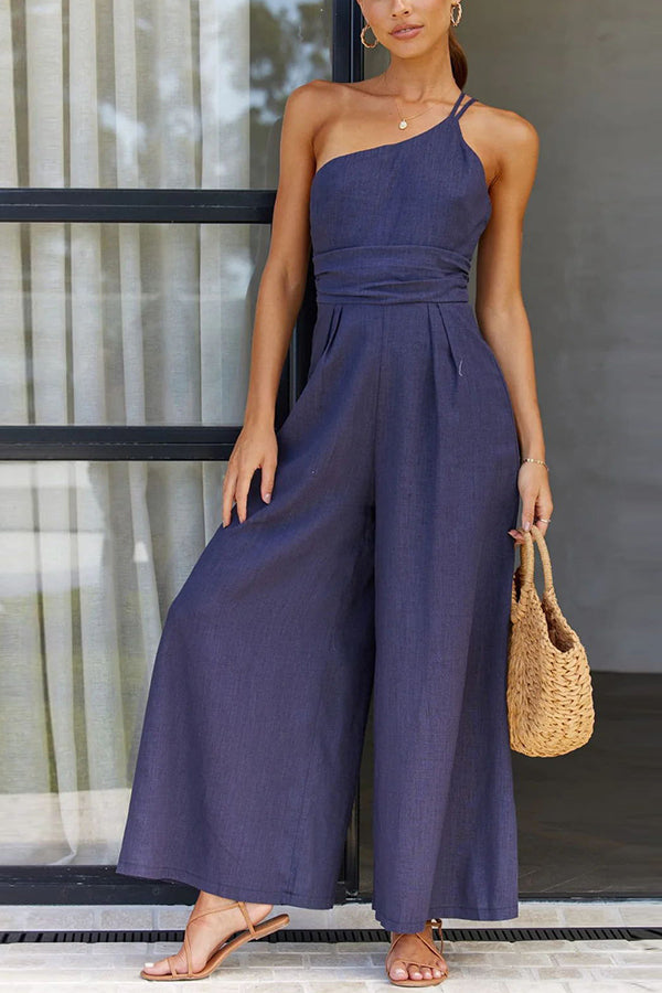Angela One Shoulder Two Thin Straps Wige Leg Jumpsuit