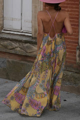 Plant Print Halter Back Loose Holiday Maxi Dress