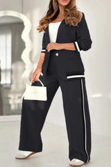 Solid Color Lapel Long Sleeve Loose Blazer and Elastic Waist Casual Pocket Wide Leg Pants Set