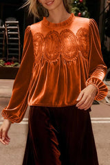 Fashionable Velvet and Lace Patchwork Loose Long-sleeved Top
