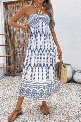 Bohemian Holiday Style Unique Print Halter Neck Tie Slit Midi Dress