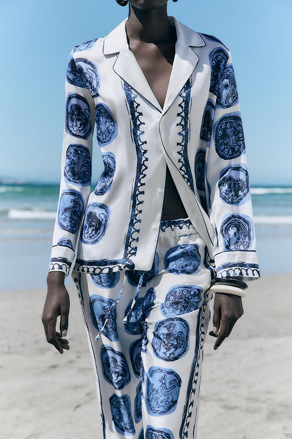 Unique Print Lapel Long Sleeve Shirt and Elastic Waist Wide Leg Pants Set