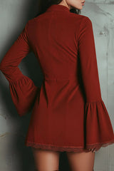 Embroidered Floral Pattern Lace Trim Long-sleeved Slim-fit Mini Dress