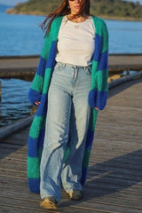 Fashionable Contrast Stripes Lazy Style Loose Long Knitted Cardigan