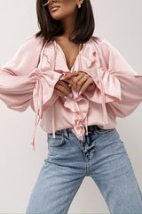 Satin Solid Color V-neck Tie Ruffle Casual Shirt