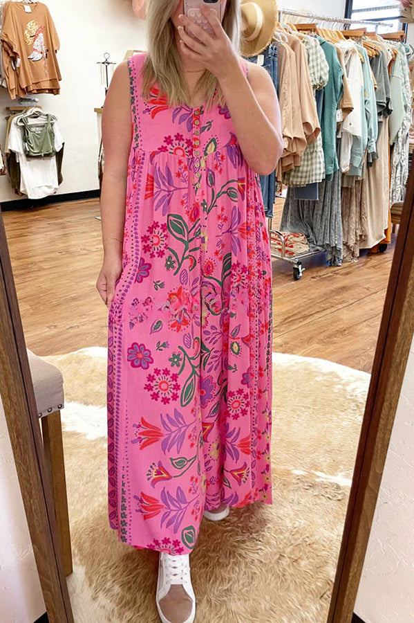 Vintage Boho Floral Print Pocketed Loose Jumpsuit