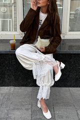 Solid Color Lace Splicing Casual Elastic Waist Loose Pants