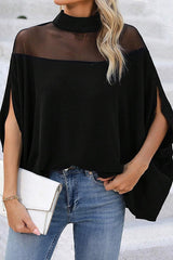Fashionable Mesh-paneled Batwing Sleeve High-neck Loose Top
