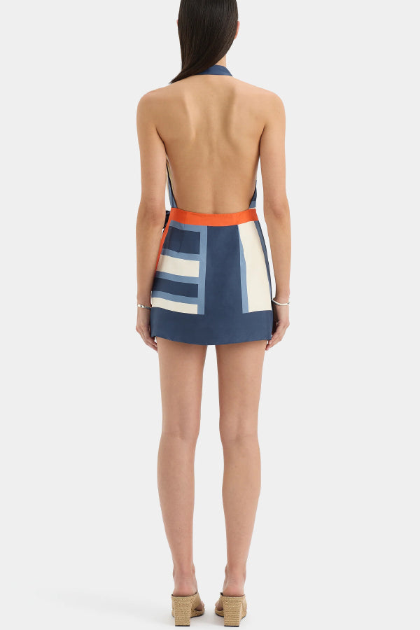 Summer Striped Print Halter Neck Backless Tie Mini Dress