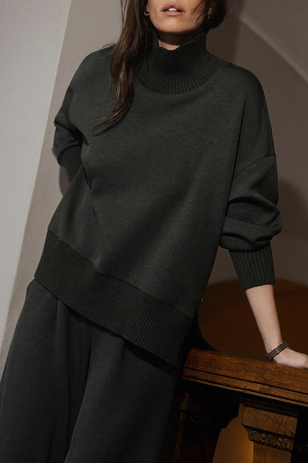 Barker High-Neck Long Sleeve Side Zipper Sweatshirt and Elastic Waist Pocketed Loose Pants Set