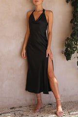 Swan Backless Lace Up Slit Zipper Maxi Dress