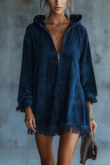 Solid Color Loose Hooded Zip-up Casual Long-sleeved Tassel Hem Mini Dress