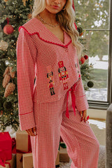 Nutcracker Charm Embroidered Gingham Loose Shirt and Elastic Waist Pajama Set