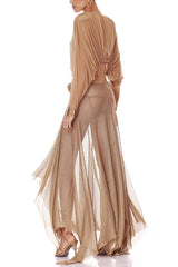 Dazzle Vacation Metallic Knit Long-sleeve Draped Crop Top and Mid Rise Irregular Slit Hem Maxi Skirt Set