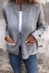 Solid Color Long Sleeve Zipper Pocket Casual Knitted Cardigan