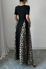 Fashionable Leopard Print Patchwork Slim Short-sleeved Maxi Dress