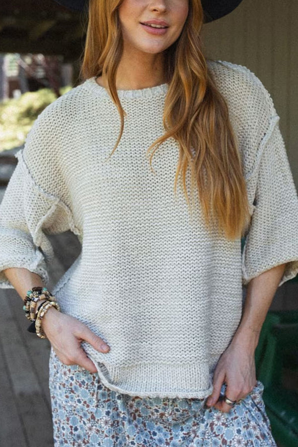 Solid Color Loose Round Neck Long Sleeve Casual Knitted Sweater