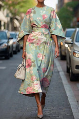 Unique Print Batwing Sleeve Waisted Casual Midi Dress