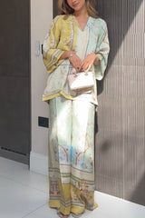 Elonie Satin Floral Print V-neck Half Sleeve Top and Elastic Waist Wide Leg Pants Set