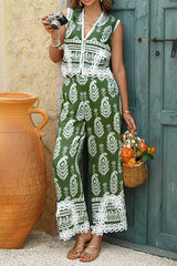 Bohemian Style Unique Print V-neck Sleeveless Top and Elastic Waist Casual Pocket Wide-leg Pants Set