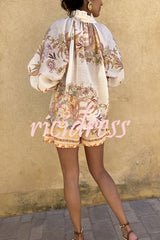 Botanical Print Palace Style Stand-up Collar Lantern Sleeve Loose Top and Casual Shorts Set