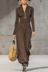 Solid Color Zip-up Long-sleeved Top and Casual Pocket Wide-leg Pants Set