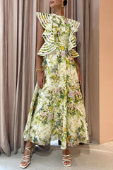 Romantic Silhouette Flower Print Back Lace-up Ruffle Sleeve Midi Dress