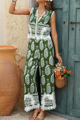 Bohemian Style Unique Print V-neck Sleeveless Top and Elastic Waist Casual Pocket Wide-leg Pants Set