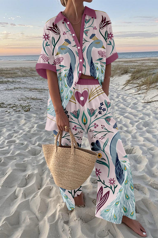 Green Peacock Print Oversized Shirt and Elastic Waist Pocket Pants Set