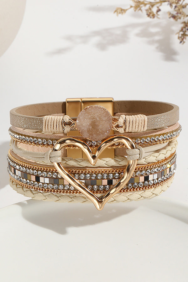 Bohemian Leather Cord Multi-layered Raw Stone Heart Bracelet
