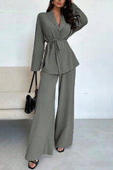 Solid Color Collared Long-sleeved Tie-wst Loose Top and Elastic Wst Casual Wide-leg Pants Set