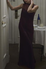 Remeah Mesh Satin Patchwork High Neck Back Cutout Button Maxi Dress