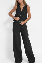Eddie Linen Blend Button Vest and Elastic Waist Pocketed Wide Leg Pants Set