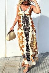 Jalen Linen Blend Ethnic Floral Print Knotted Strap Elastic Waist Midi Dress