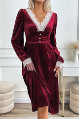 Vintage Velvet Lace Paneled V-neck Long-sleeved Elegant Midi Dress