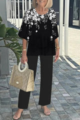 Fashion Round Neck Half Sleeve Loose Top and Elastic Waist Casual Straight Pants Set