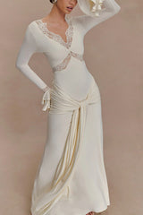 Fashion Lace Splicing Sexy V-neck Long-sleeved Slim Maxi Dress