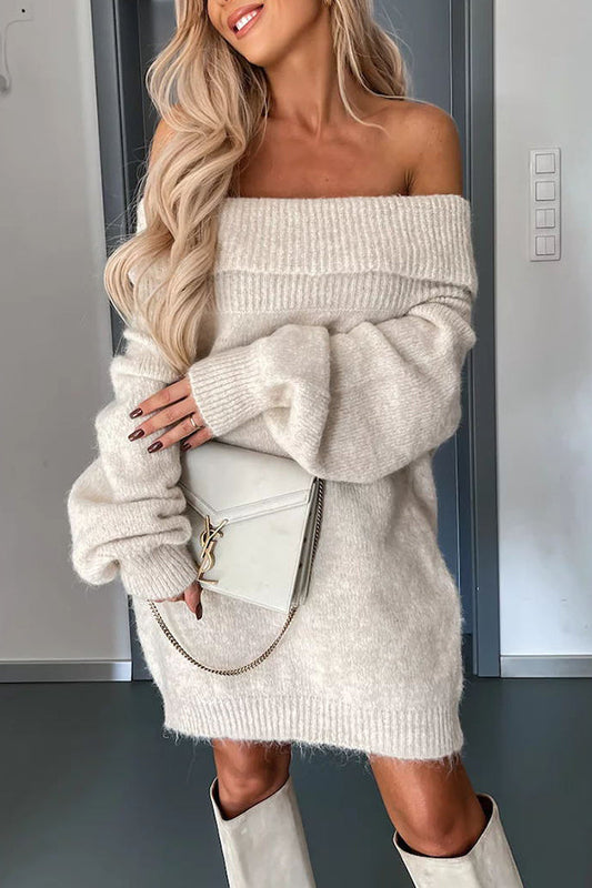 Pure Joy Knit Off Shoulder Long Sleeve Loose Sweater Mini Dress