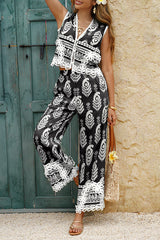 Bohemian Style Unique Print V-neck Sleeveless Top and Elastic Waist Casual Pocket Wide-leg Pants Set