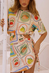 Summer Fruit Print Short Sleeve Off-Waist Tie Mini Dress