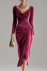Solid Color Velvet Long-sleeved Slim-fit Pleated Midi Dress