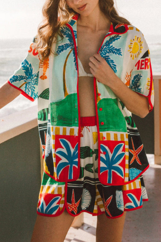 Linen Blend Summer-themed Printed Collared Short-Sleeve Loose-Fitting Shirt and Elastic Waist Casual Shorts Set