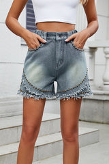 Fashion Rivet Raw Edge Casual Elastic Waist Denim Shorts